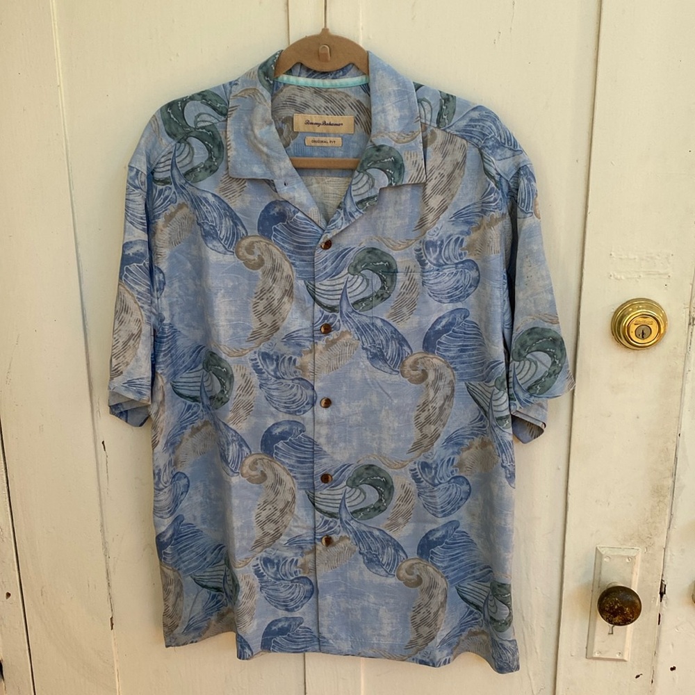 Men's Tommy Bahama Sz Large Original Fit Silk Button Down Shirt Blue Seashell